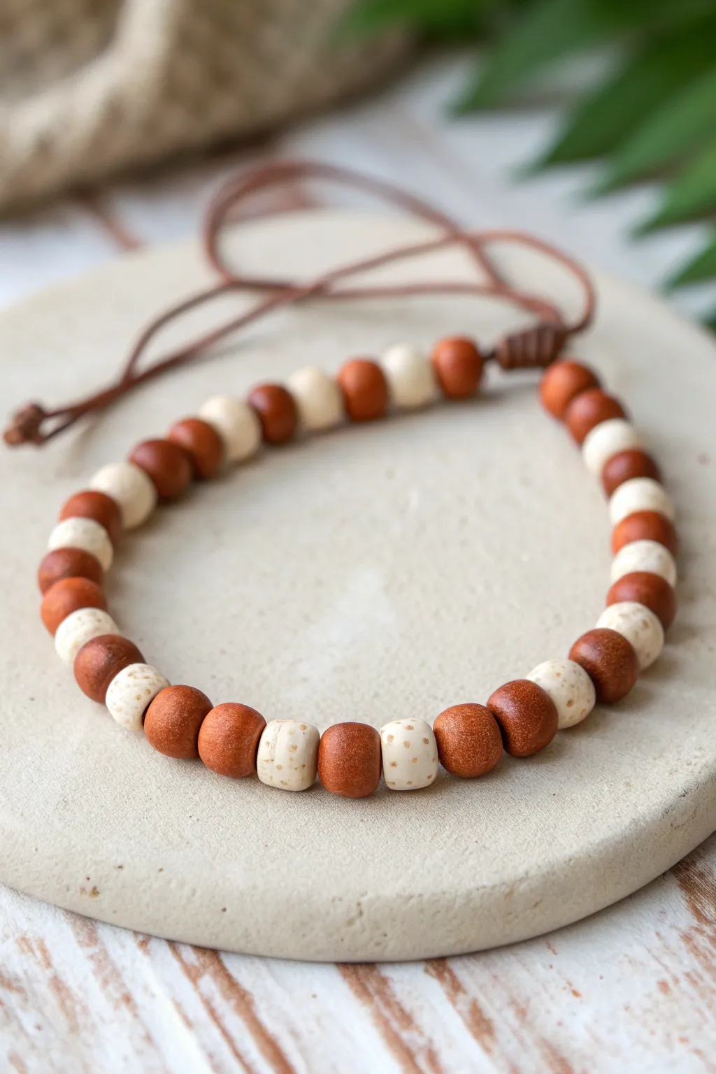 Checkerboard-inspired clay bead bracelet in warm neutrals, minimalist and easy for hobbyists.