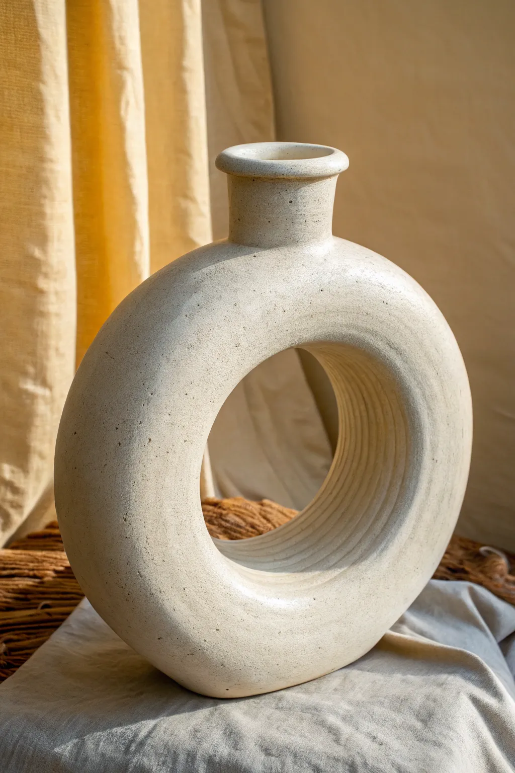 Minimalist open-ring coil vessel sculpture with bold negative space and beautiful handcrafted texture