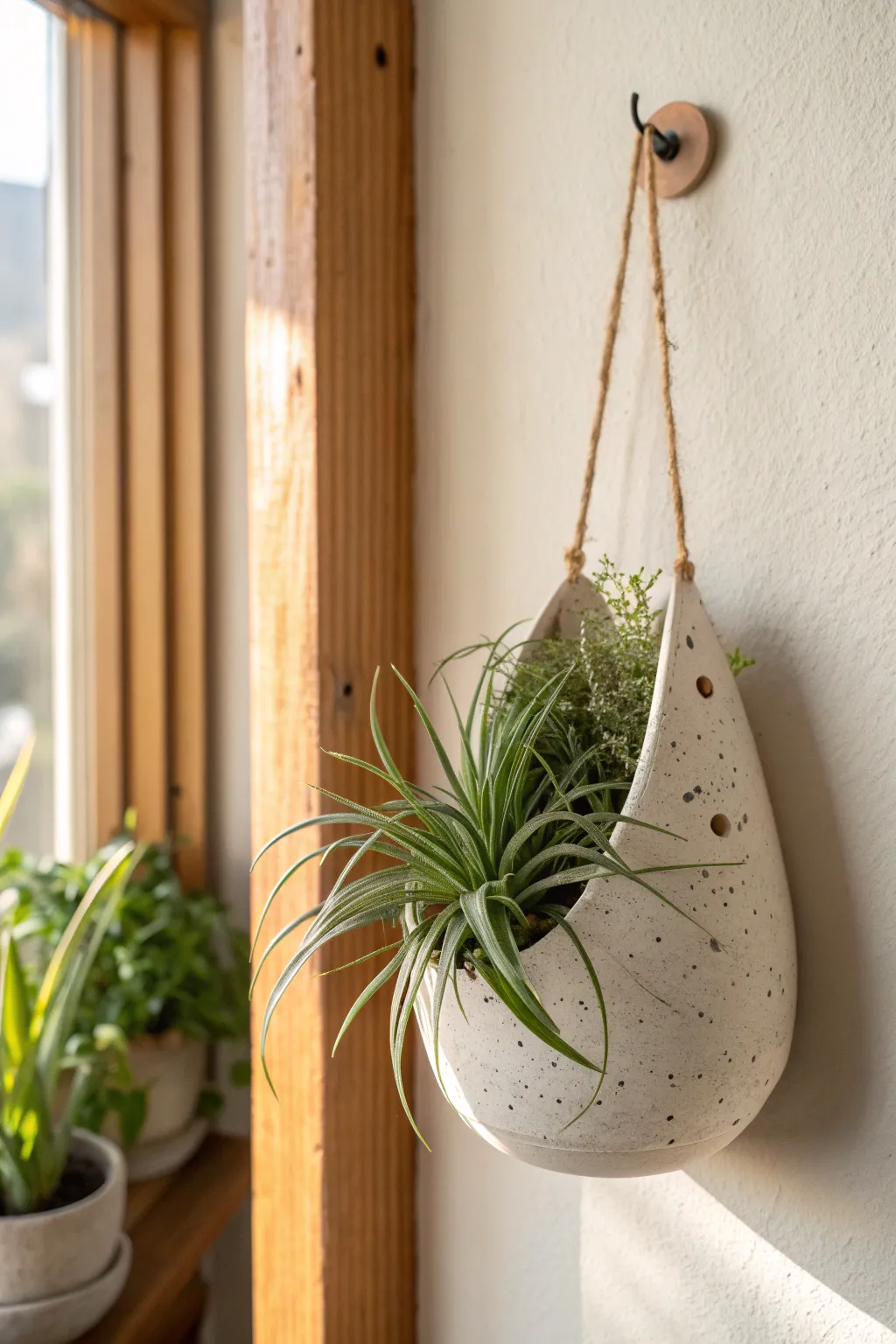 Minimal clay wall pocket with airy tillandsia, a Scandinavian boho touch for small spaces.