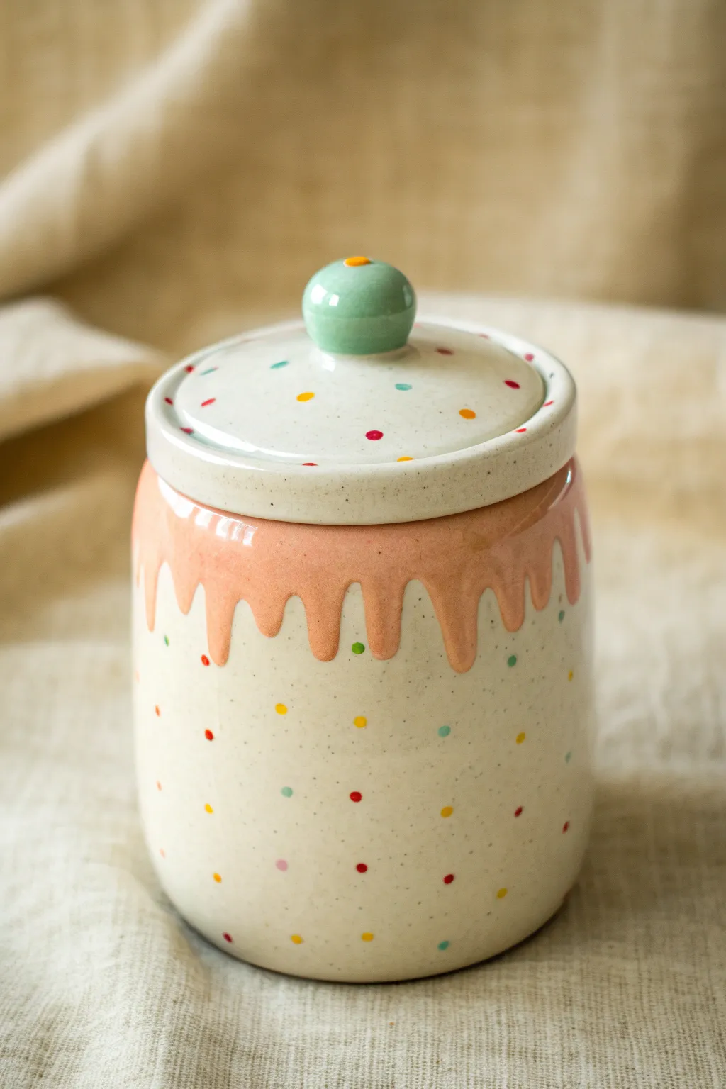 Sweet drip-lid jar in playful pastels, minimalist shape, handmade charm and crisp contrast.