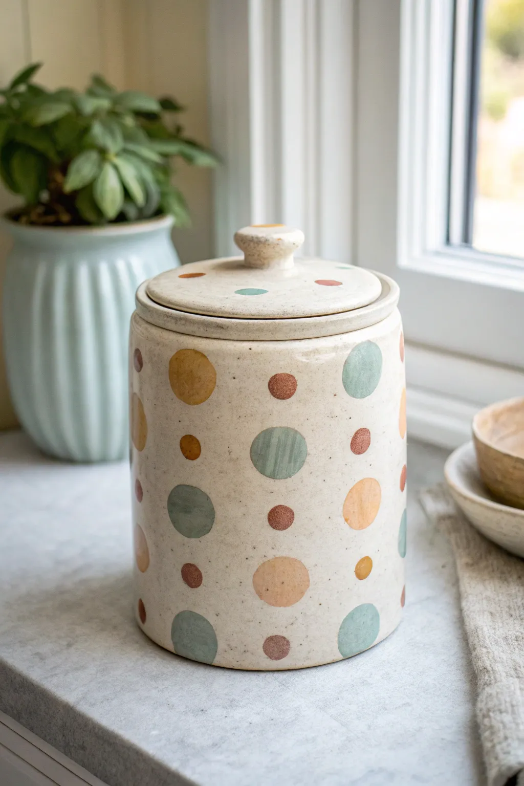 Playful polka dot sprinkle cookie jar with a simple shape and soft pastel accents
