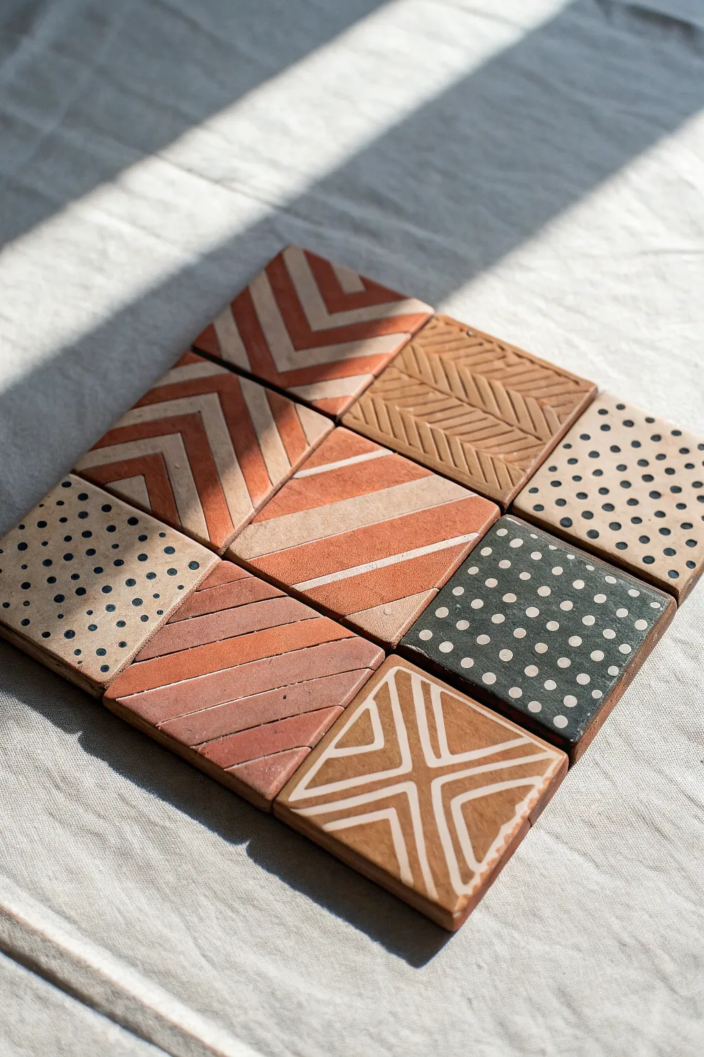 Patterned cane-slice clay tiles arranged into a simple mosaic grid for easy DIY inspiration.
