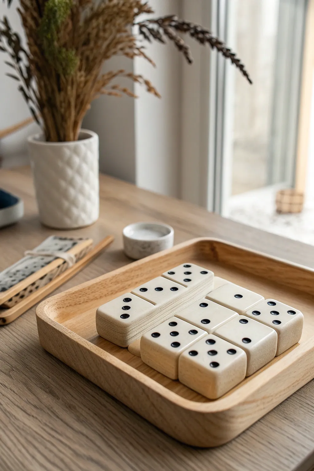 Handmade clay dominoes in sand, white, and charcoal for a calm minimalist game-night touch.