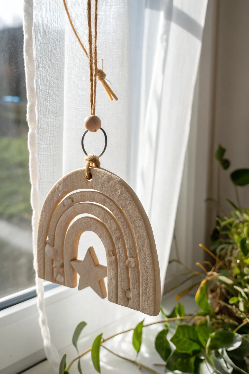 Beginner clay suncatcher with simple cutouts, glowing in a sunny window—minimal and boho.