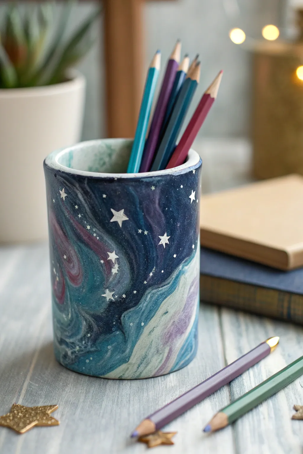 Galaxy-swirled clay pencil cup with tiny stars, a simple kid-friendly craft that looks chic.