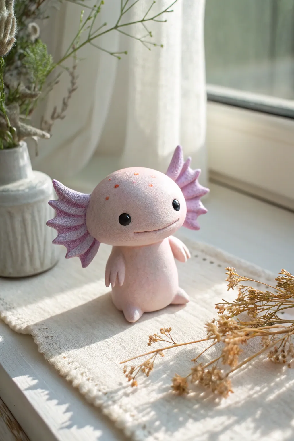 Minimal pastel clay axolotl with frilly gills, softly lit on a clean Scandinavian backdrop.