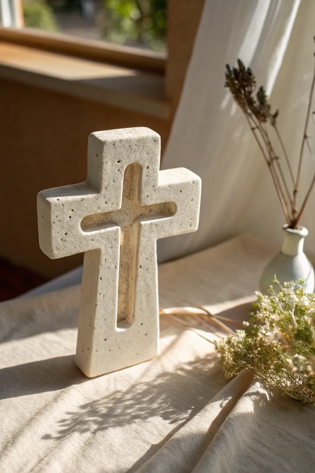 Minimal clay window cross with glowing cutouts, Scandinavian calm with a soft boho touch