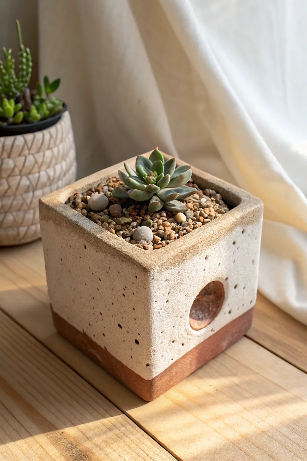 Minimal cube planter with a visible drain hole and tiny succulent, handmade and softly styled