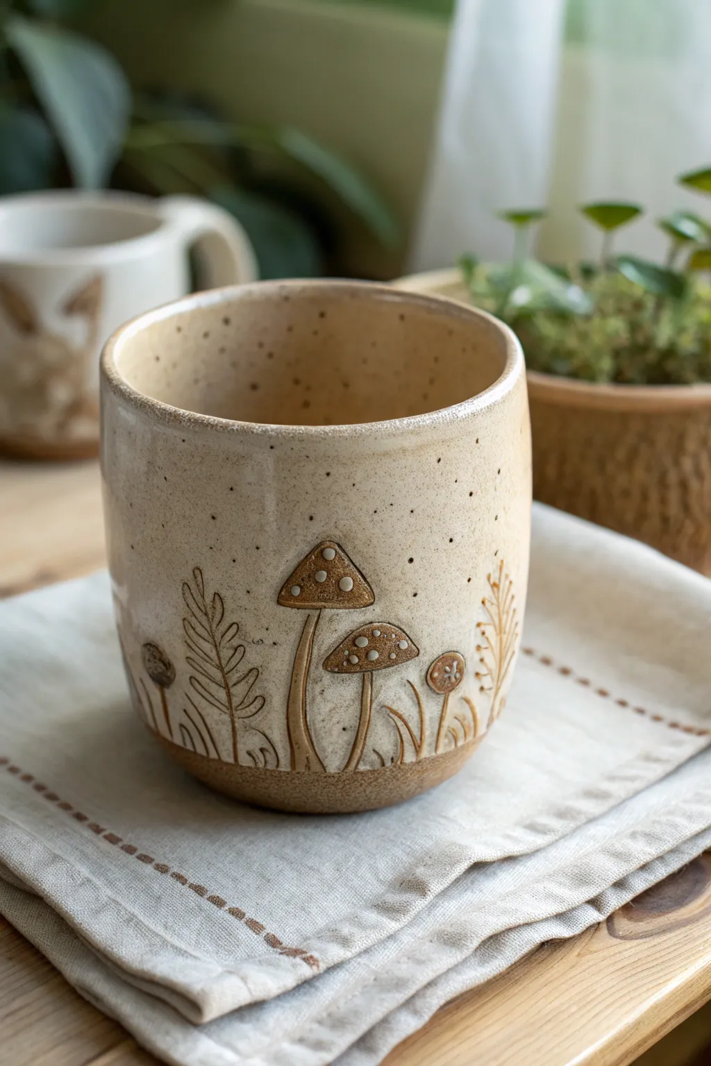 Minimal stoneware cup with a tiny mushroom garden appliqué border in warm earthy tones.