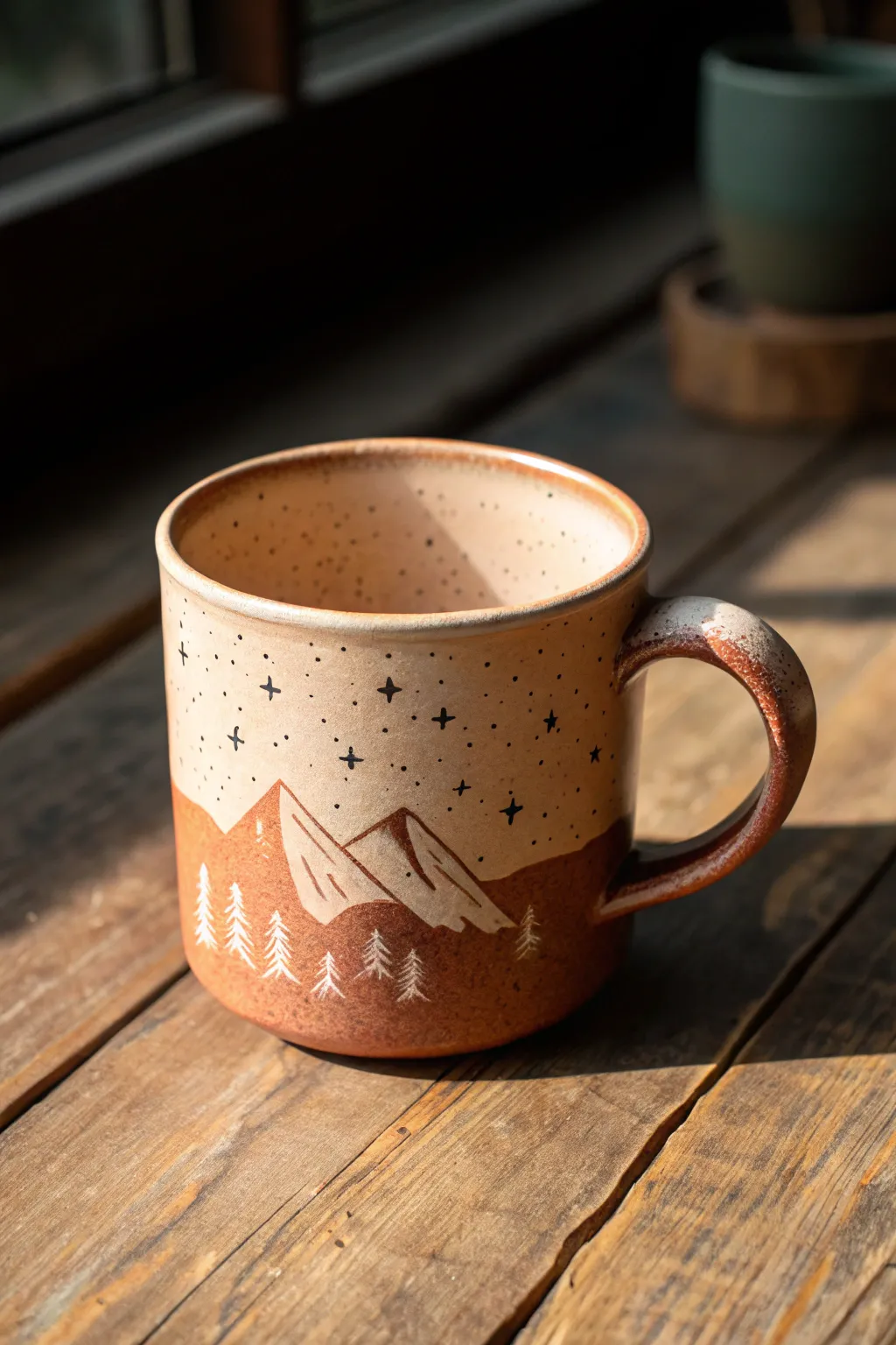 Cozy mountain relief clay camp cup on warm wood, minimalist Nordic-boho styling.