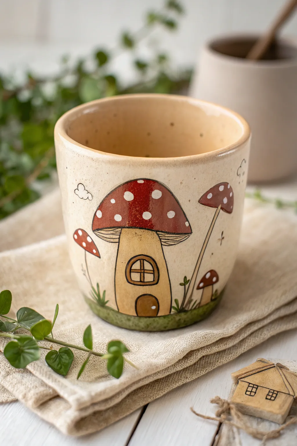 Cozy clay cup with an easy mushroom cottagecore painting in warm earthy tones.
