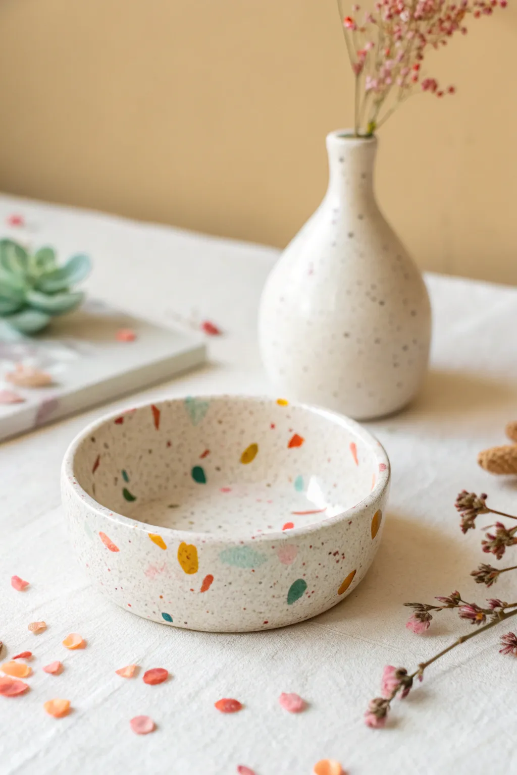Terrazzo speckles add playful color to a minimalist clay trinket dish for your bedside or desk.