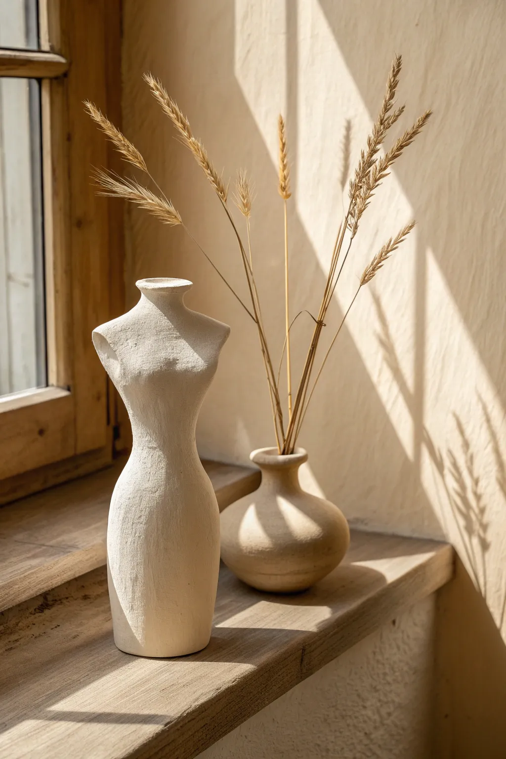 Minimal torso vase with dried stems, soft light and calm Scandinavian boho styling.
