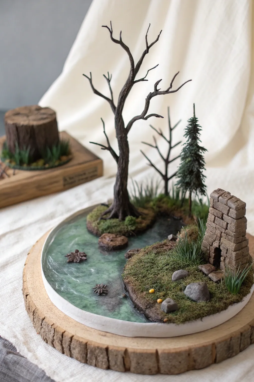 Haunted swamp clay diorama with foggy green water, twisted trees, and a tiny half-sunk ruin