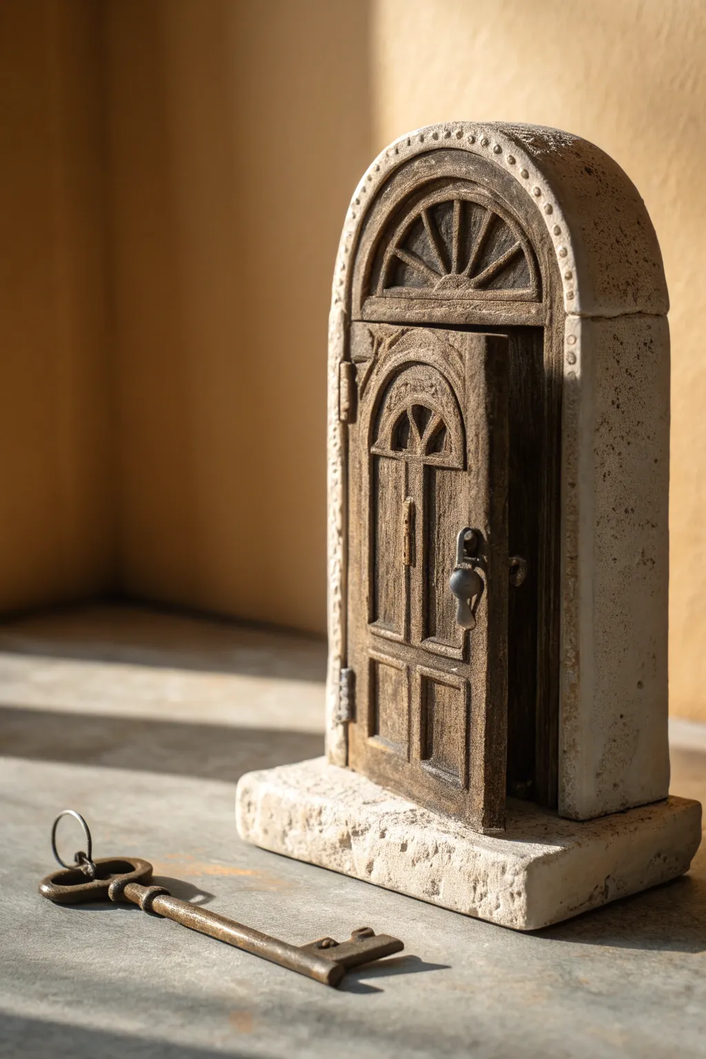 A tiny clay door ajar with a secret-key vibe, moody antique tones for hidden-portal charm.