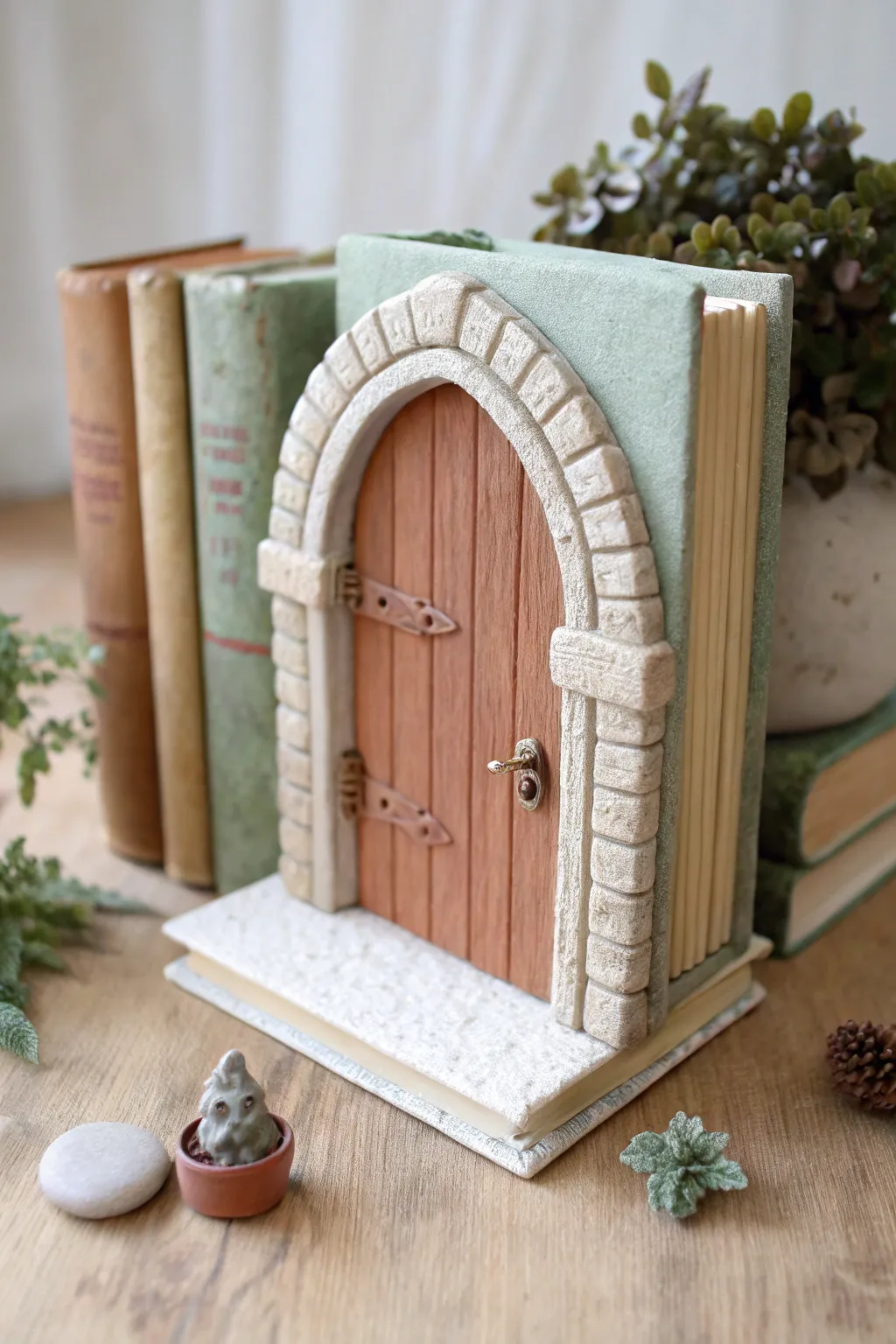 Stacked books fairy door portal in clay, minimalist boho library nook decor with cozy contrast