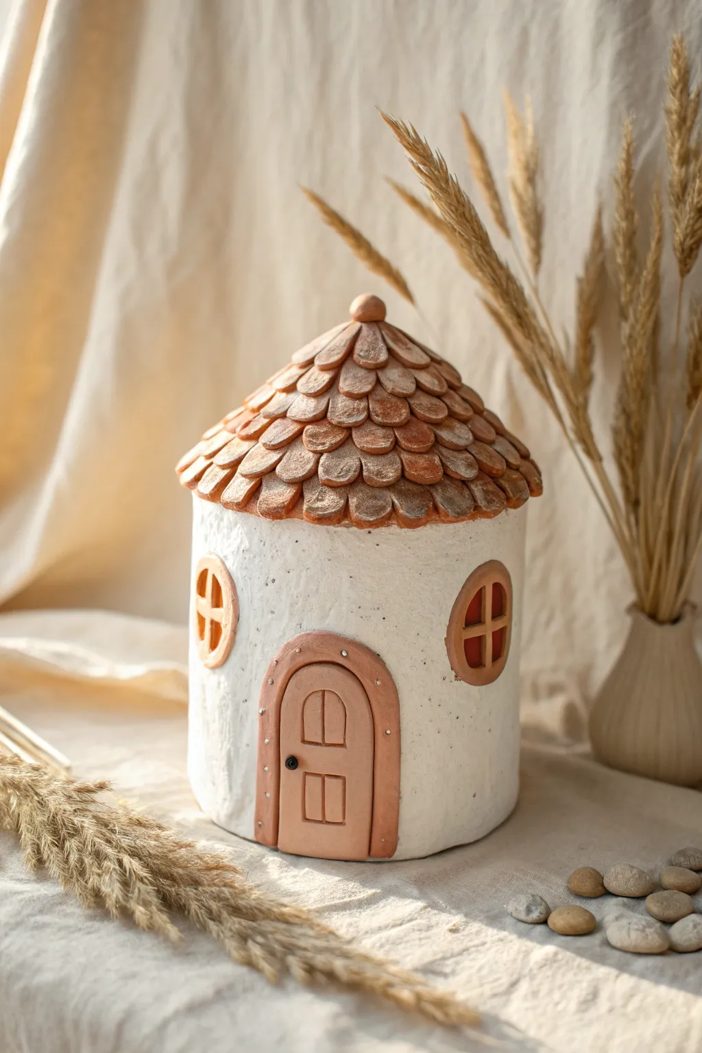 Minimal clay fairy house with pebble-pressed roof tiles and a bold terracotta door