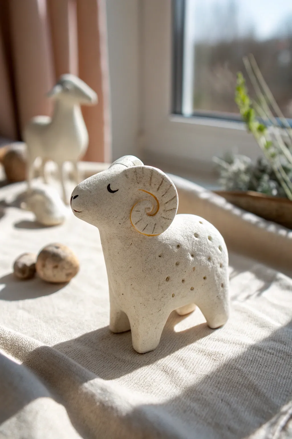 Pocket-sized zodiac ram figurine in minimalist clay, simple shapes and cozy natural contrast