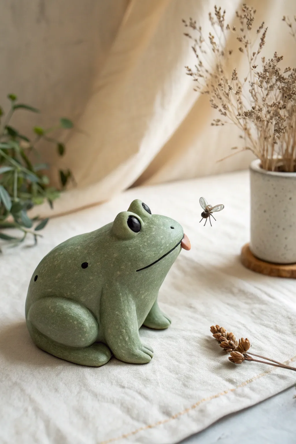 Playful tongue-out clay frog diorama reaching for a tiny fly on a ripple pond base.