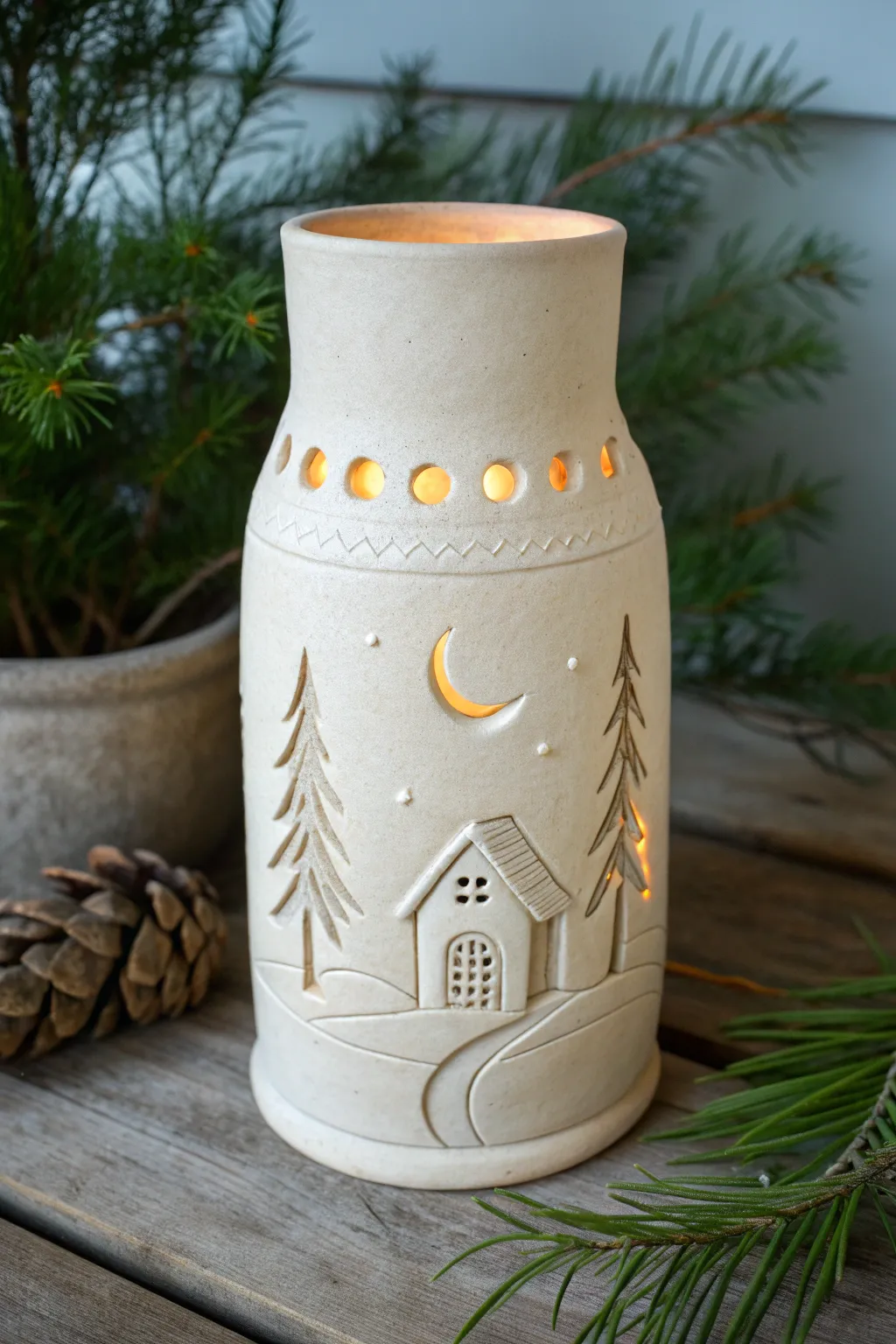 Carved story vessel with a tiny moonlit landscape band, simple enough for weekend clay time.