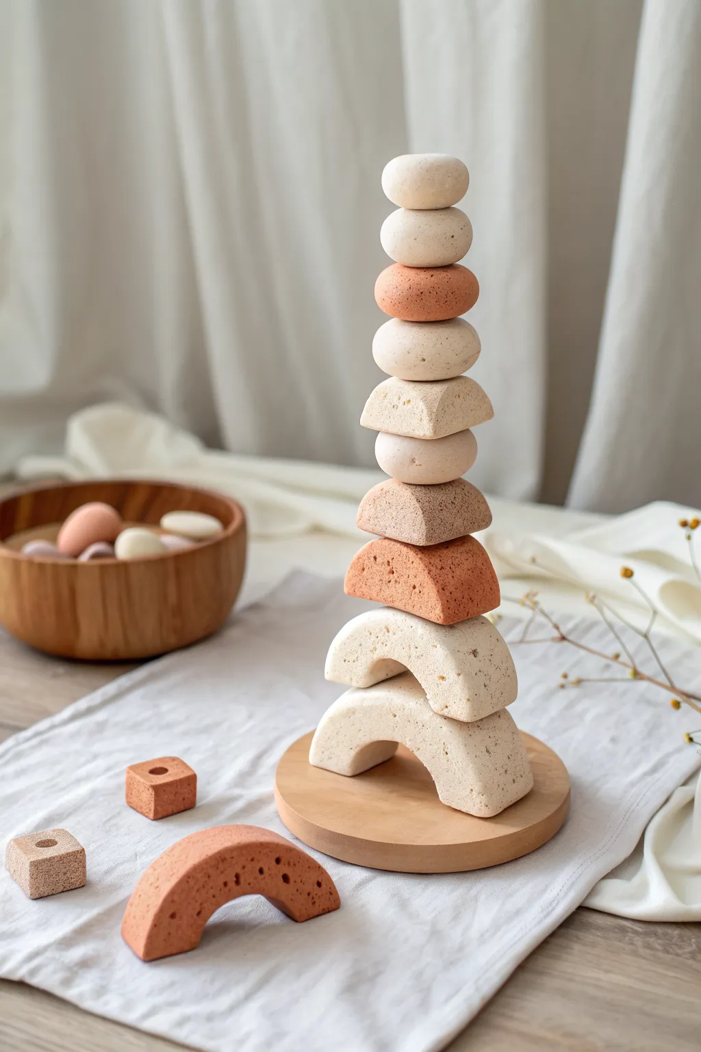 Stack-and-balance clay totem game: neutral shapes in a wobbly tower, minimalist boho charm.