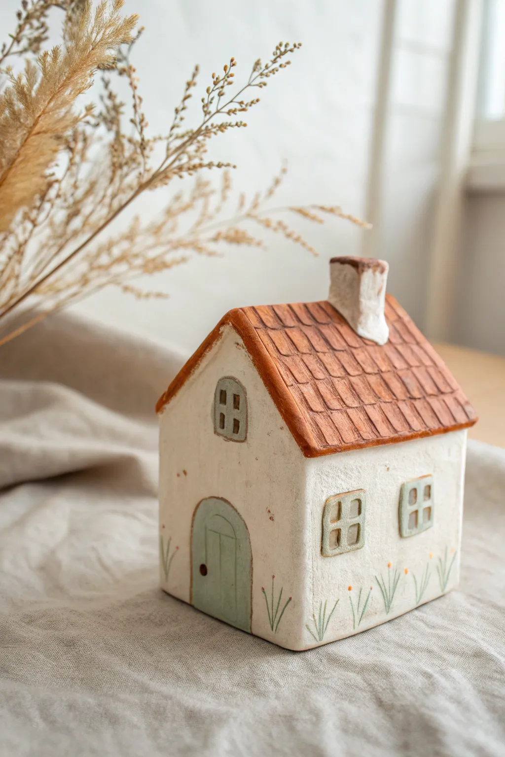 A tiny clay house keepsake in soft neutrals, perfect for gifting a sweet home memory.