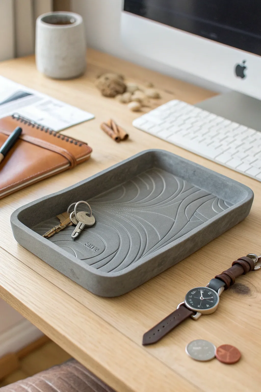 Minimalist ceramic topographic desk tray with EDC essentials, a refined handmade gift for him.