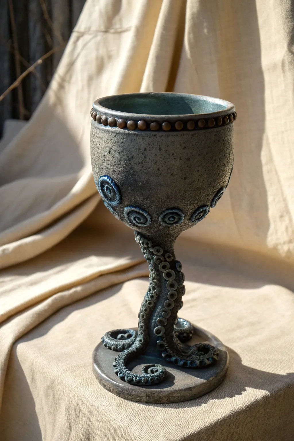 Moody tentacle-stem clay goblet in minimalist light, a magical yet makeable pottery idea