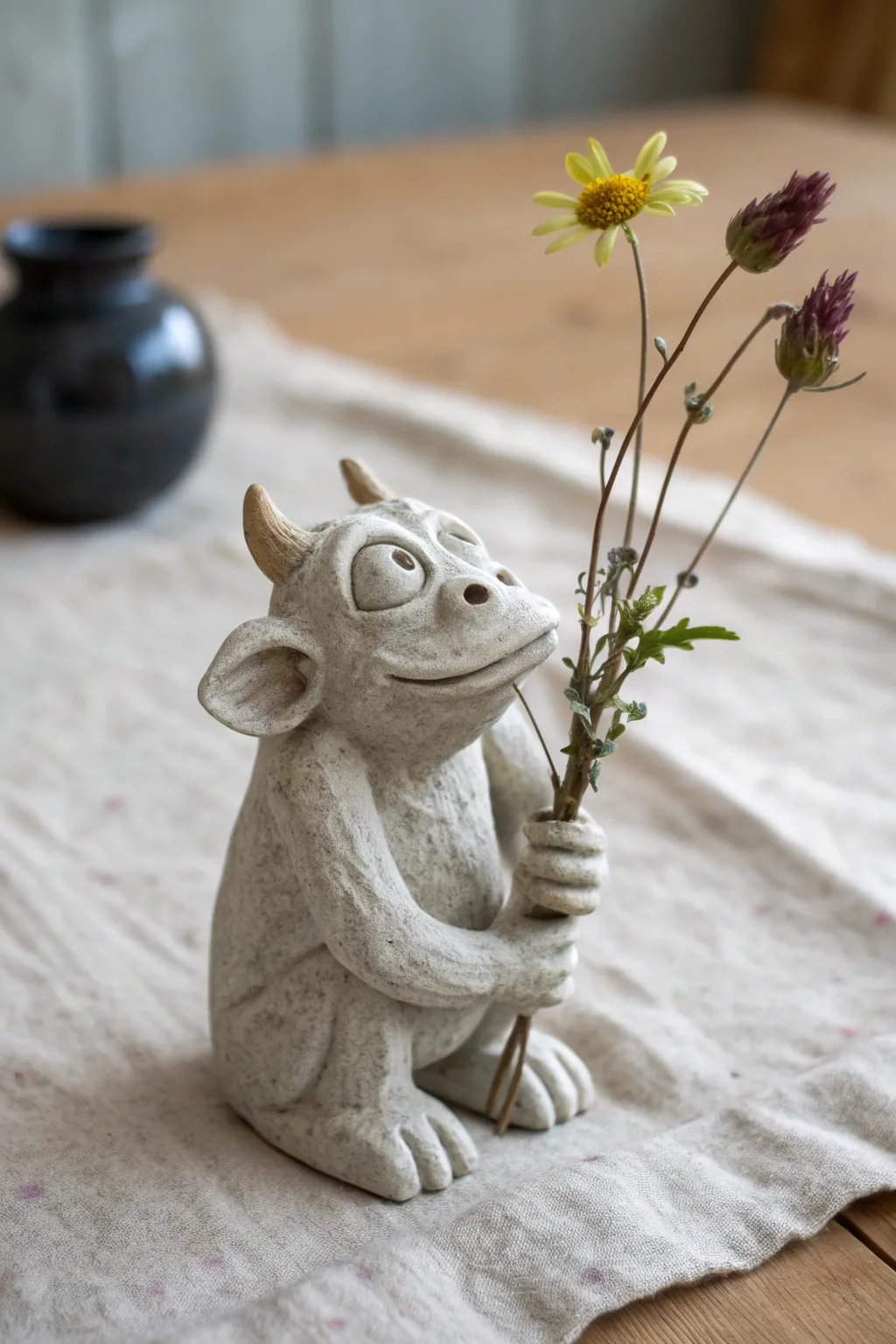 Playful handbuilt gargoyle bud vase with big eyes and tiny horns, minimalist and boho calm