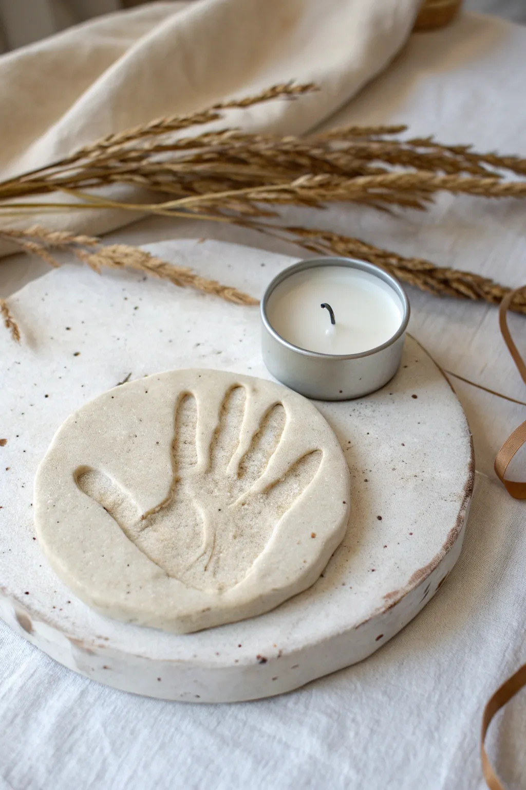 Minimal handprint tealight base with dark-wash details, a cozy Scandinavian clay keepsake