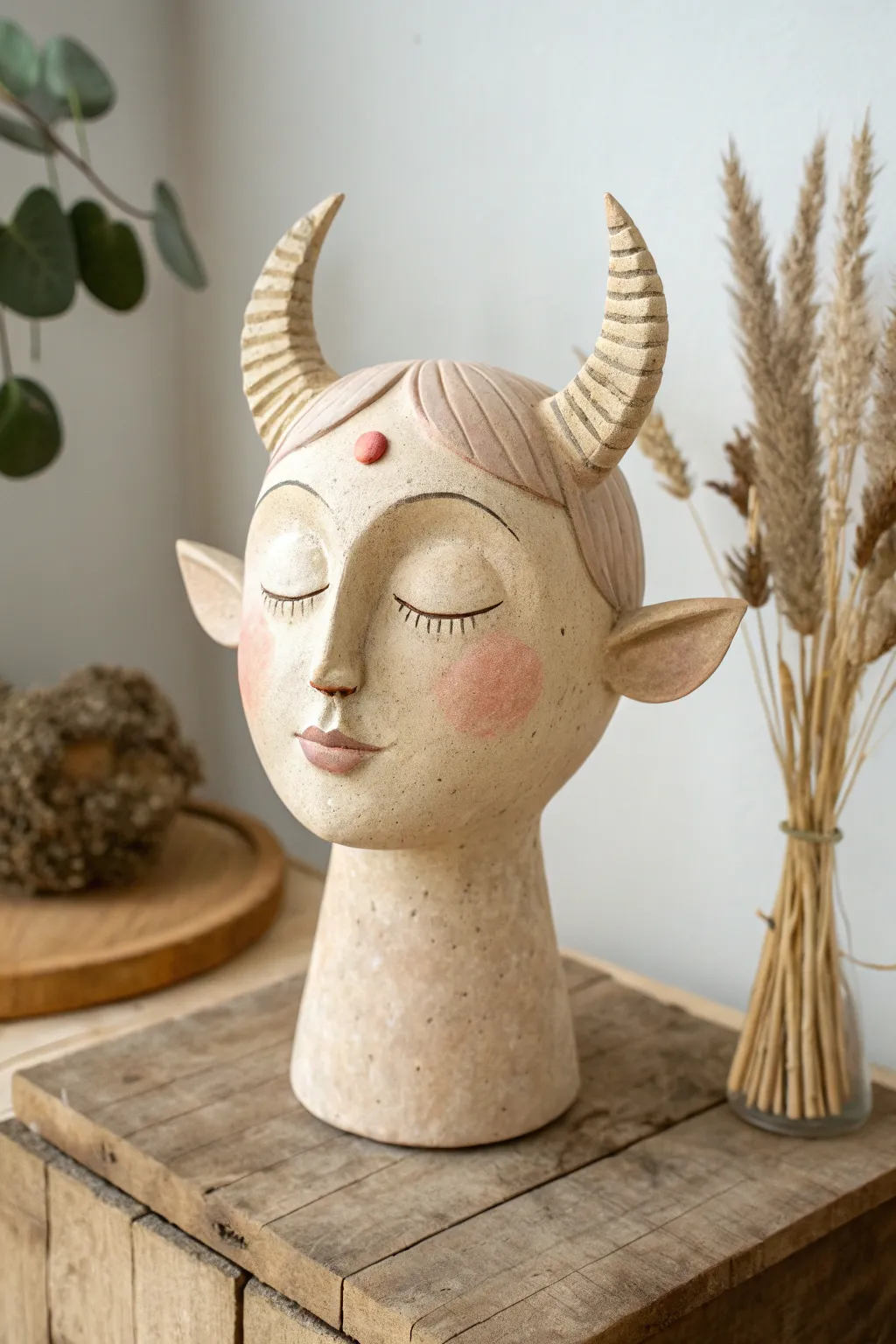 Minimal horned fantasy clay head with calm gaze, simple lines, and warm neutral tones.