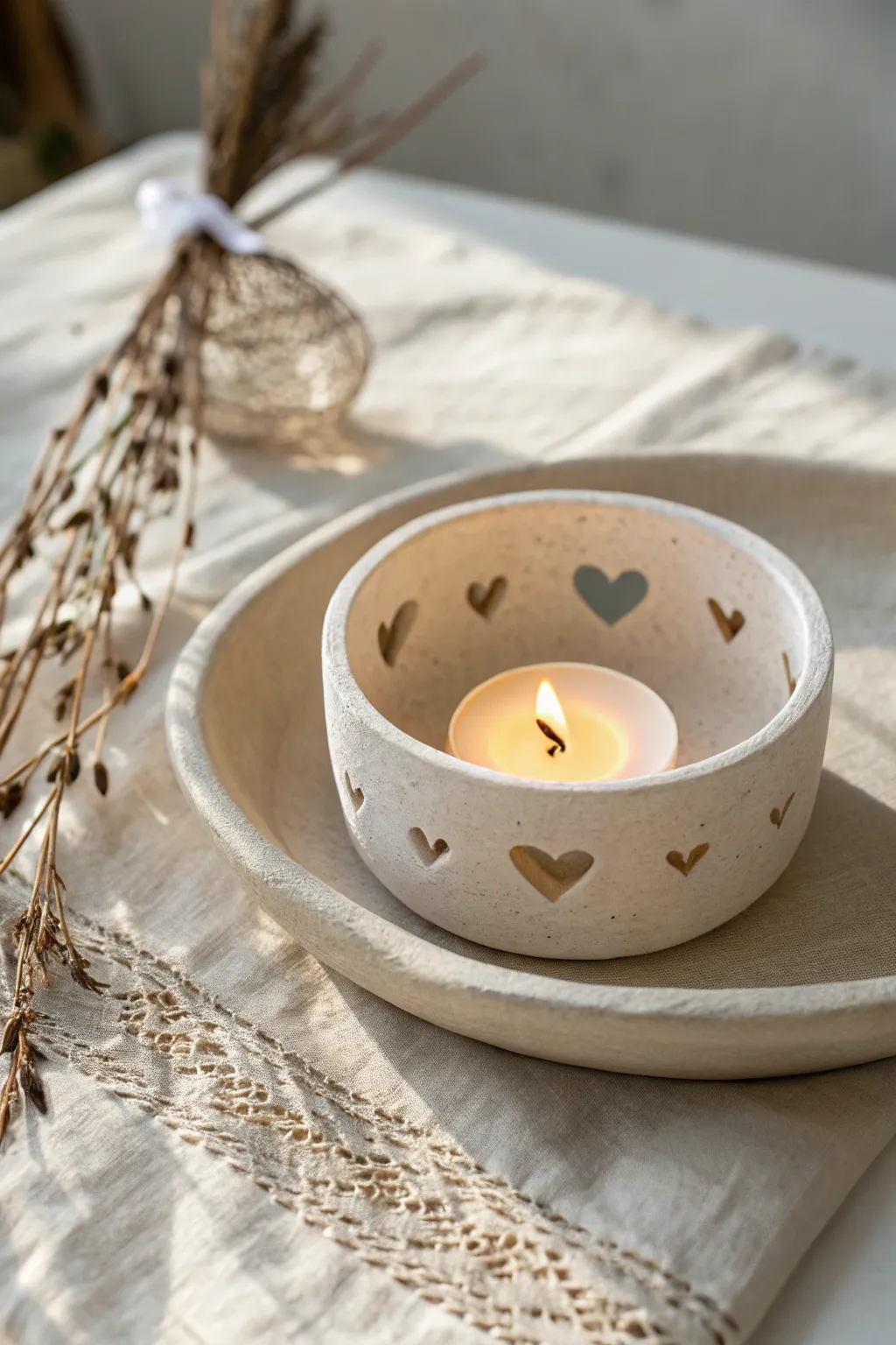 Minimal clay tealight dish with a heart cutout, glowing softly and casting a romantic shadow.