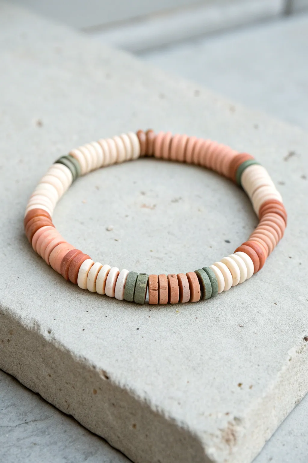 Chunky focal bead balances soft clay heishi stacks for a minimalist, boho statement bracelet.