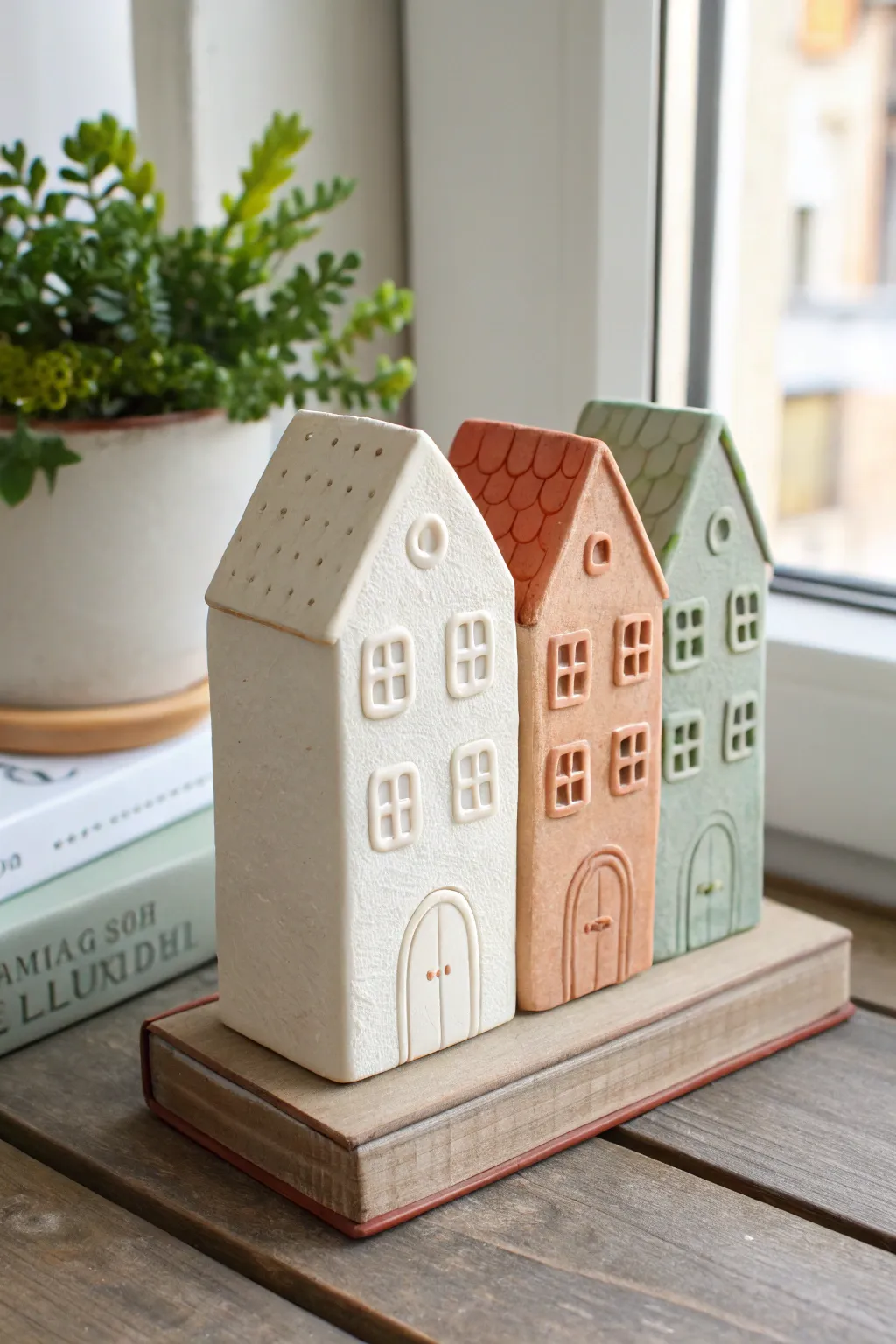 Minimal clay townhouse row on a base, a cozy book nook streetscape with Nordic-boho charm