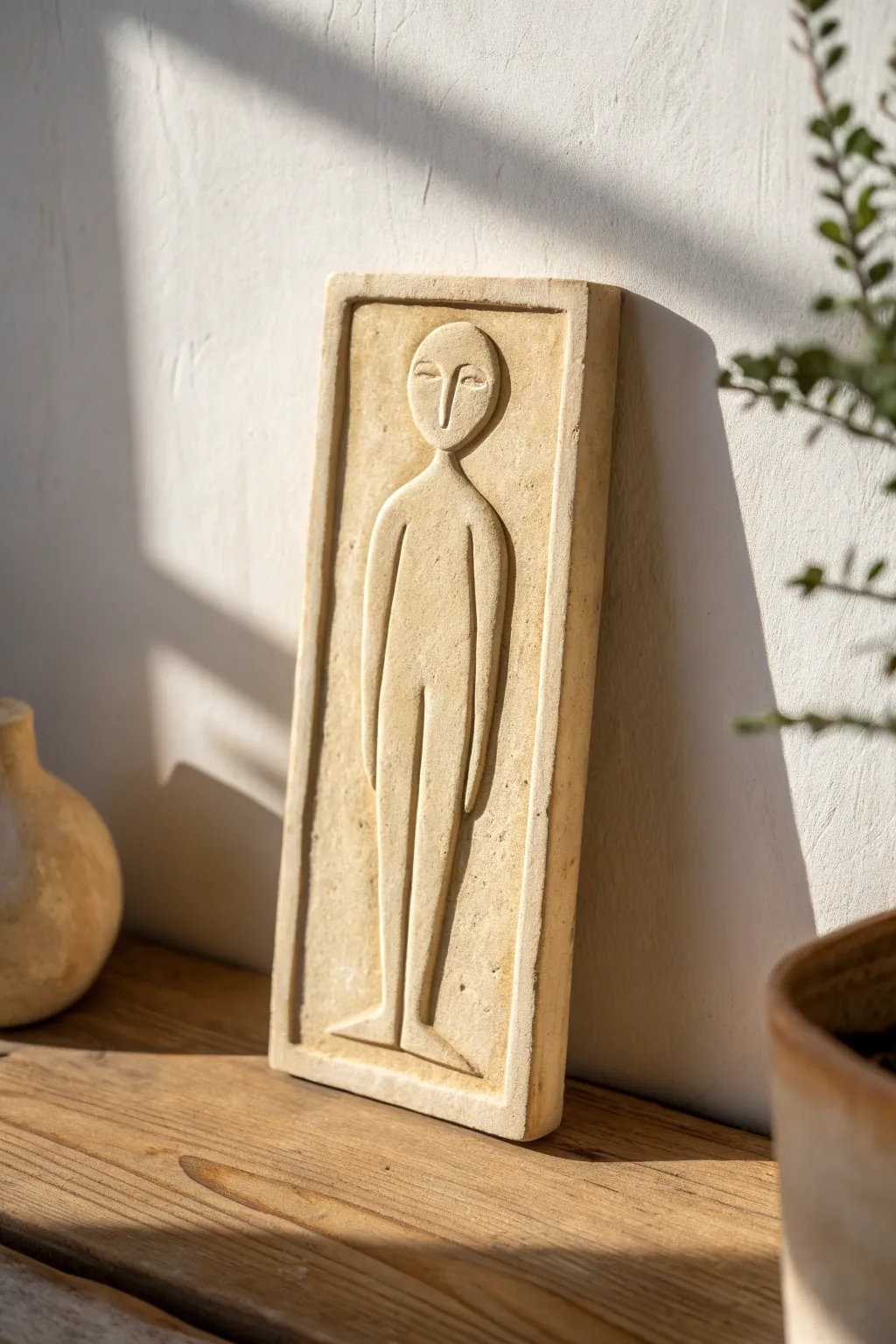 Minimal clay wall plaque with a simple low-relief human figure, softly lit for depth and contrast.