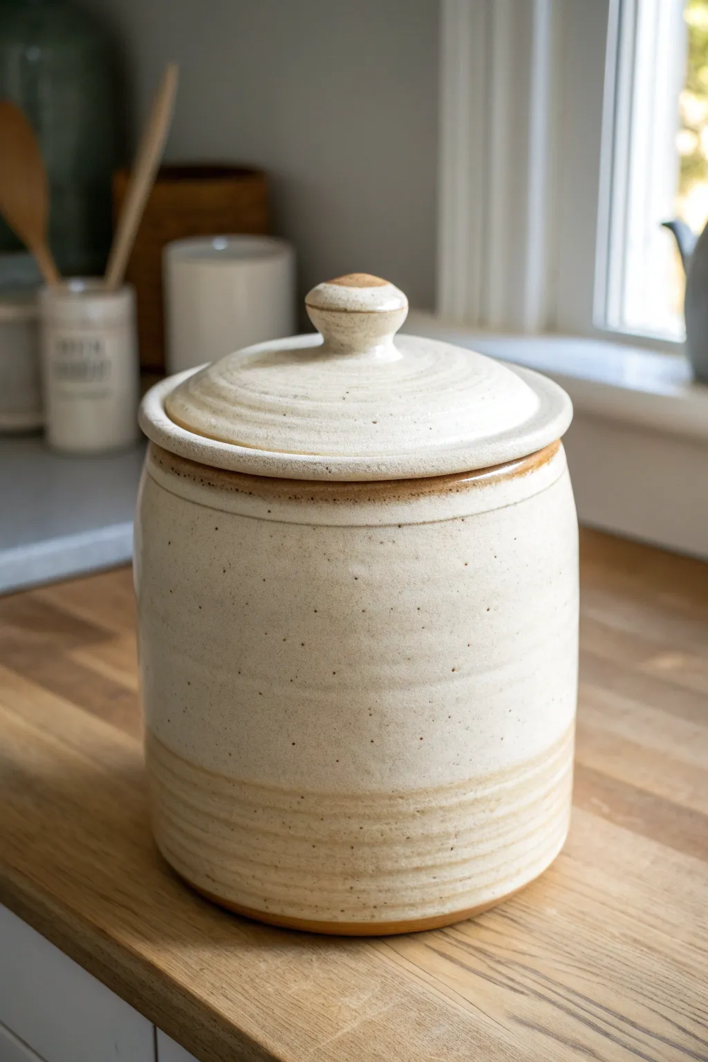 Oversized handmade cookie jar with a bold knob, minimal glaze, cozy Scandinavian kitchen vibe.