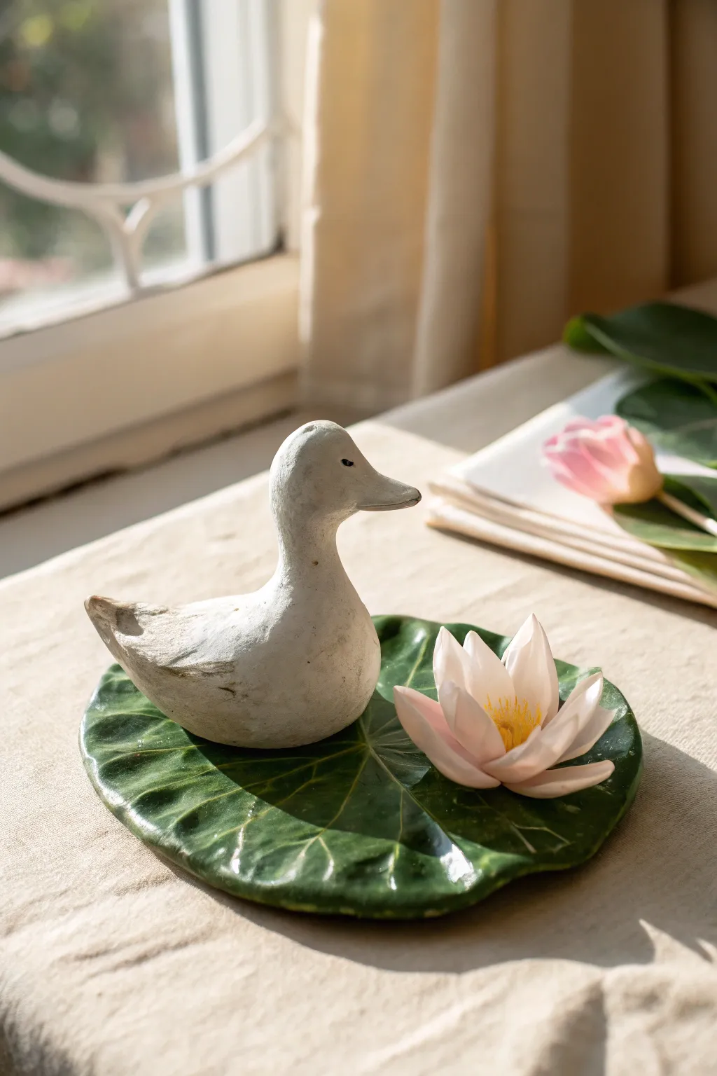 Handmade clay duck on a lily pad, Scandinavian minimal with a soft boho pastel bloom