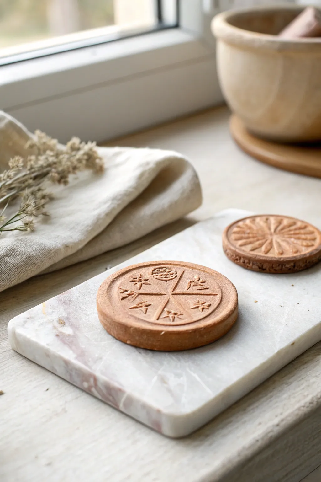 Faux artifact clay stamp seal in earthy wash, styled like a tiny museum piece for art class.