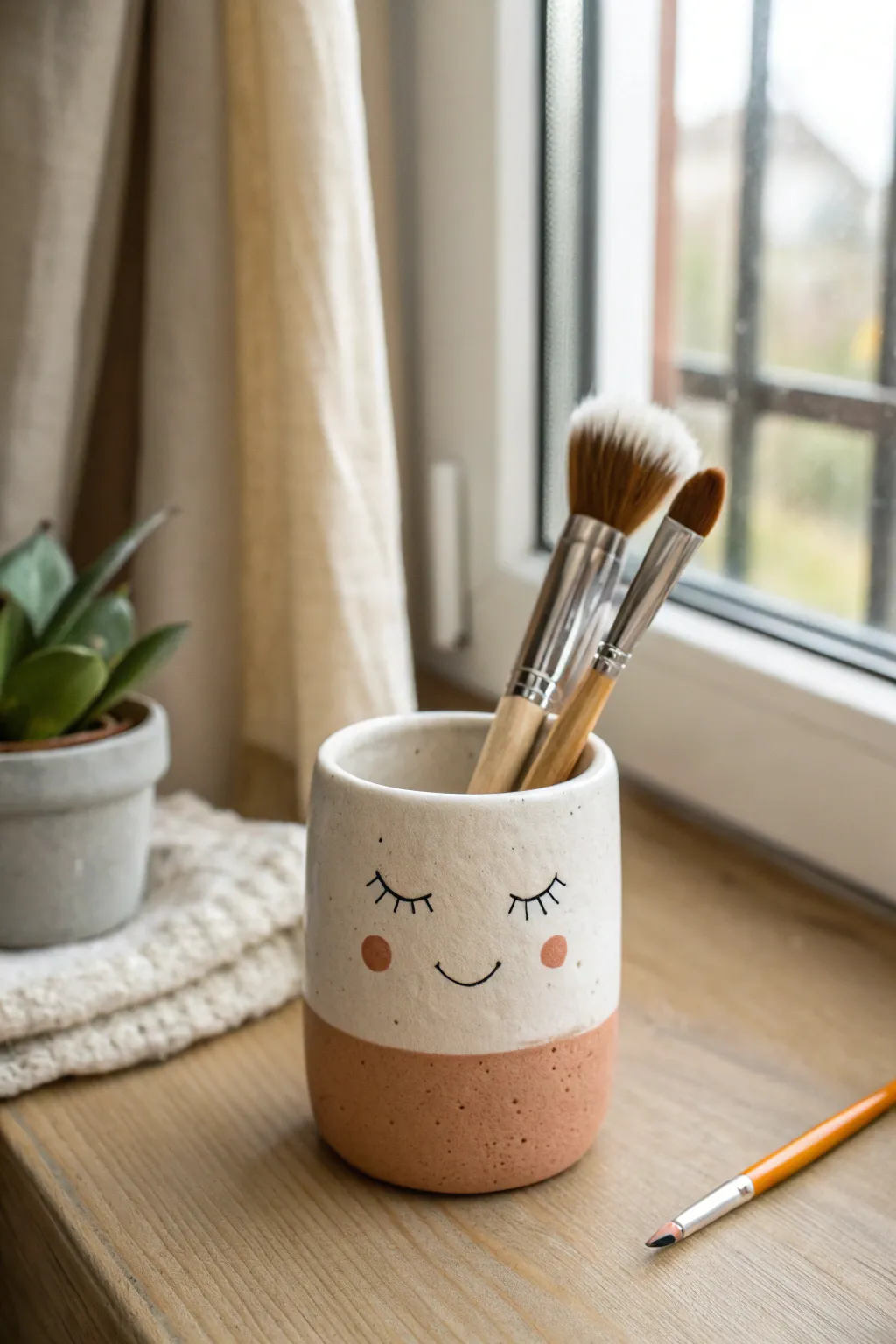 Sweet tiny clay face cup holding brushes, a minimalist boho desk accent for girls