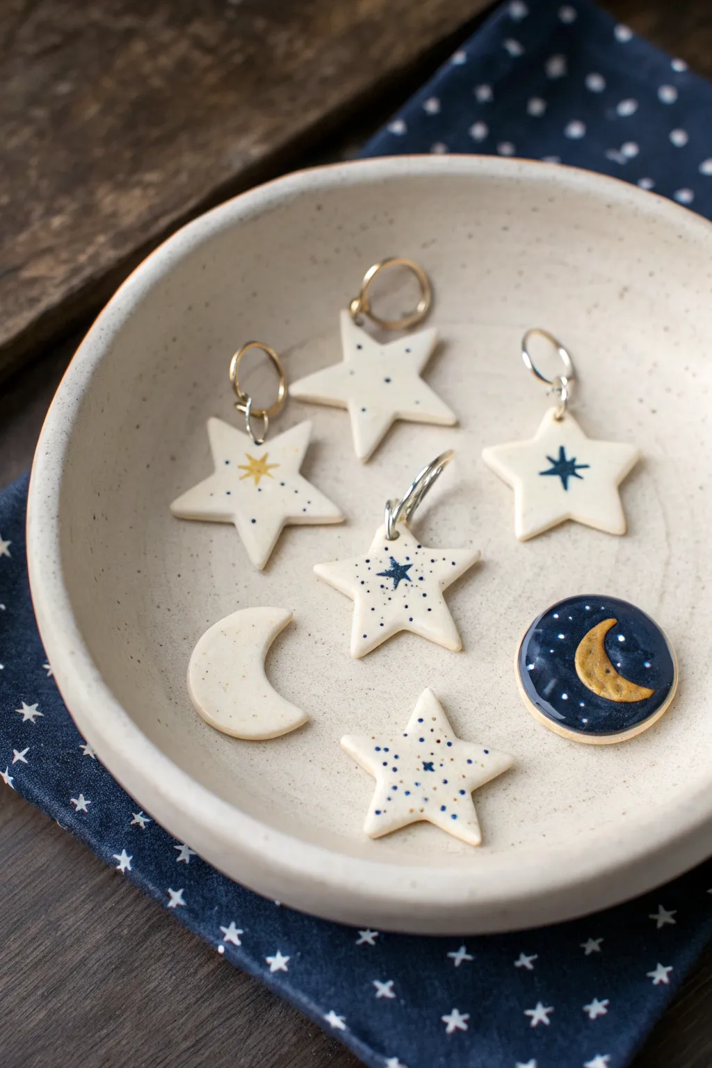 Glow night sky clay charms in a minimalist dish, deep blues and soft moons for kids crafts.