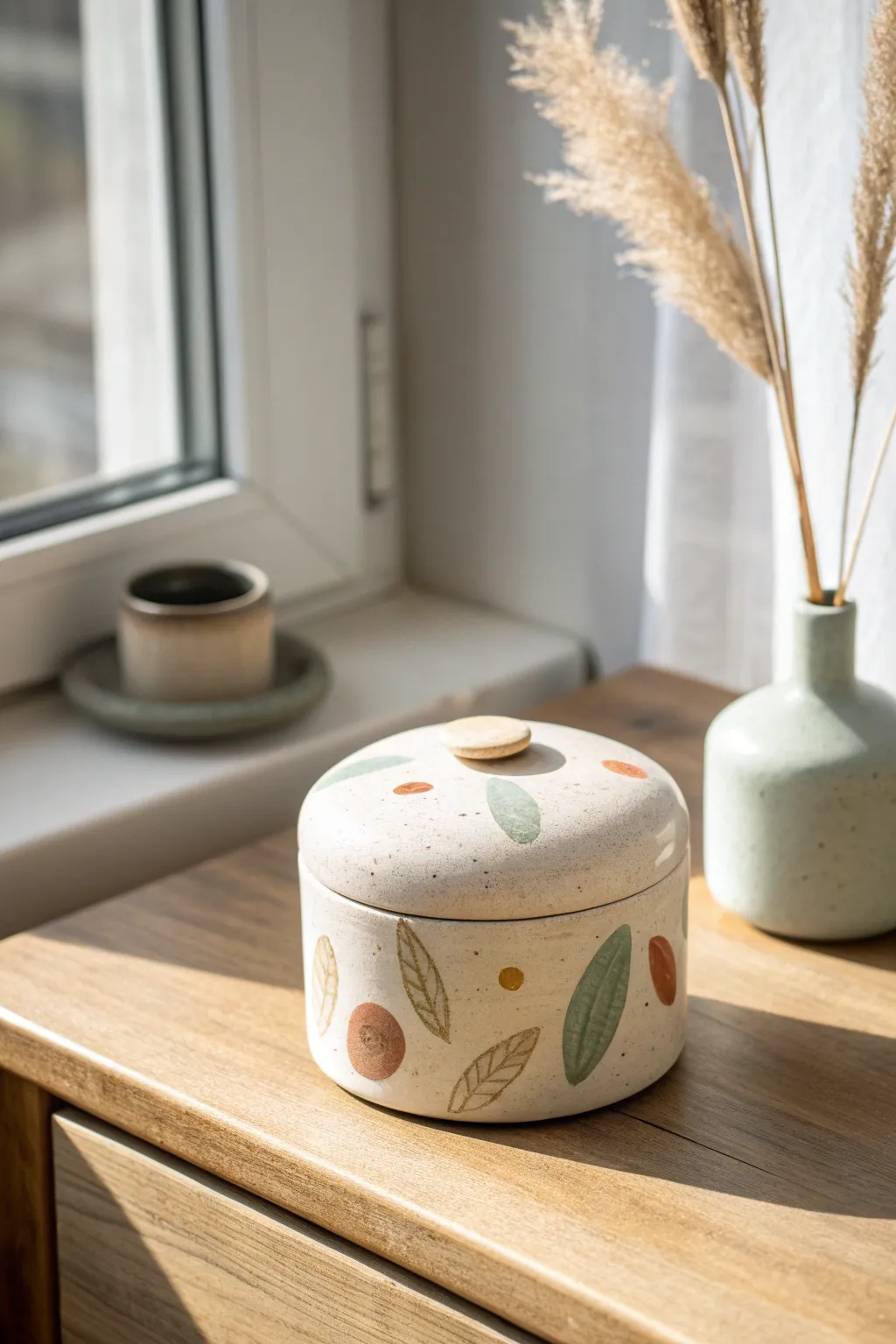 A secret stash trinket box, slightly open on a nightstand for tiny treasures and keepsakes.