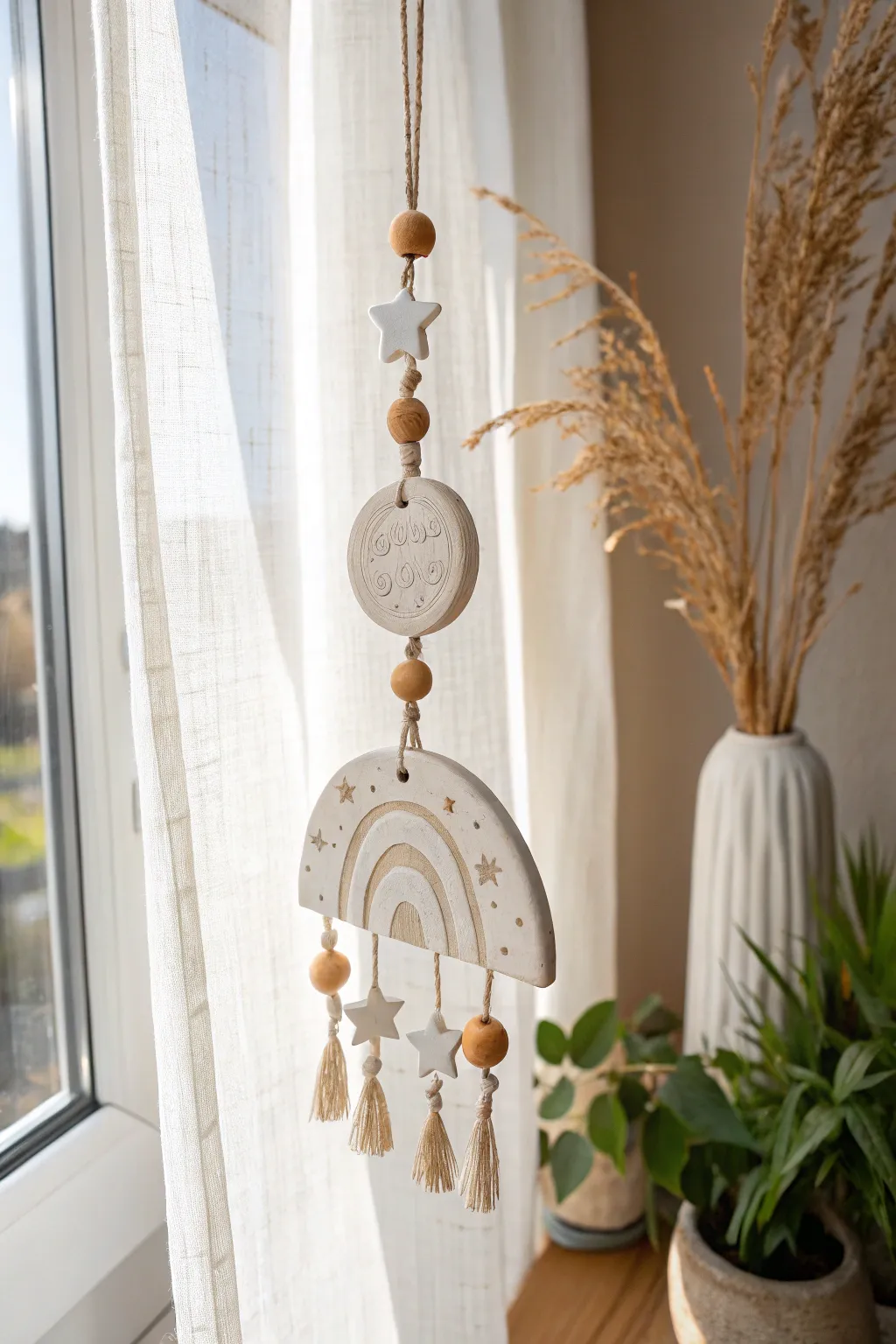 Minimalist clay suncatcher with simple cutouts, glowing in window light, soft boho charm.