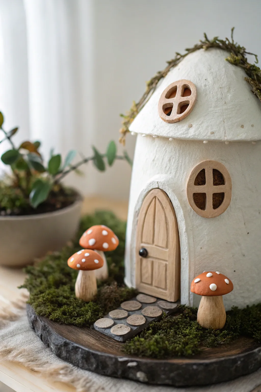 Whimsical clay mushrooms and a tiny fairy house, minimalist and boho, ready to sell.
