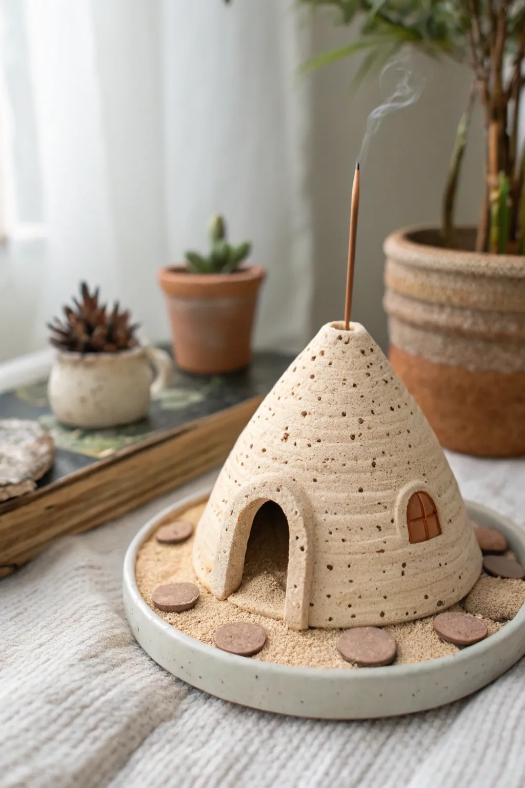 Whimsical hillside clay incense holder with a hidden hole and tiny doorway scene, minimal and cozy