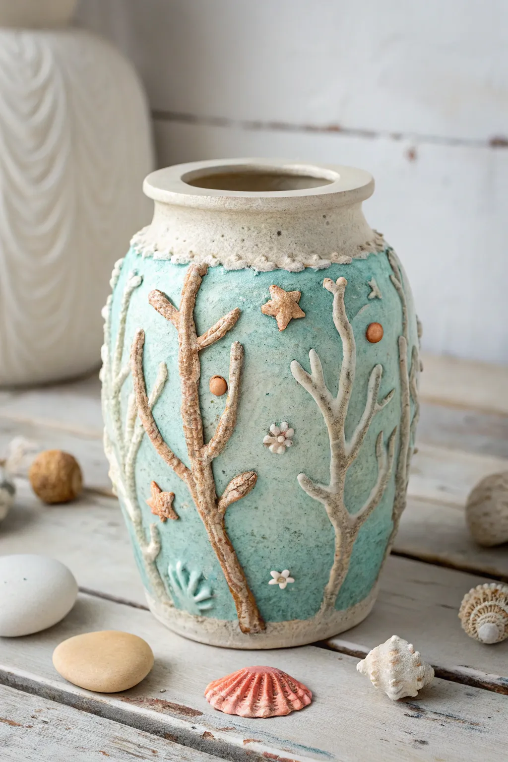 Underwater coral reef clay jar in soft sea tones, minimal styling with pebbles for contrast
