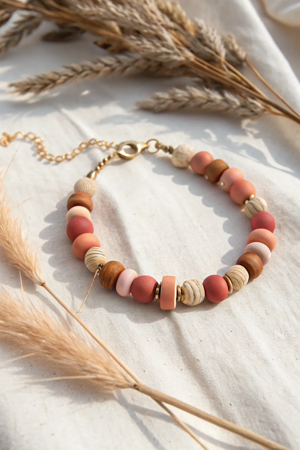 Lightweight hollow clay donut beads in a minimalist bracelet, airy, modern, handmade charm.
