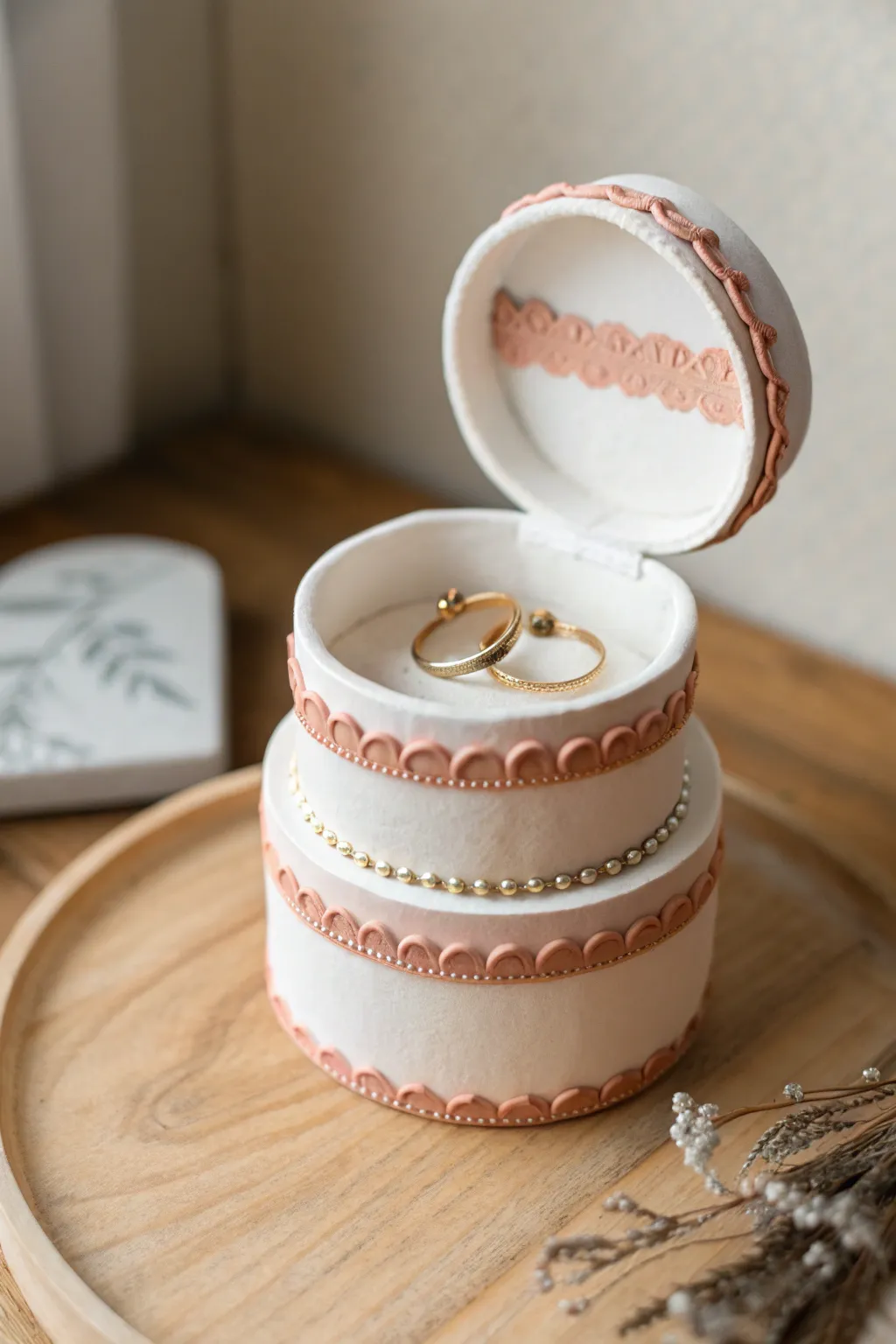 Sweet mini cake clay jewelry box with frosting trim and sprinkles, perfect for rings and charms