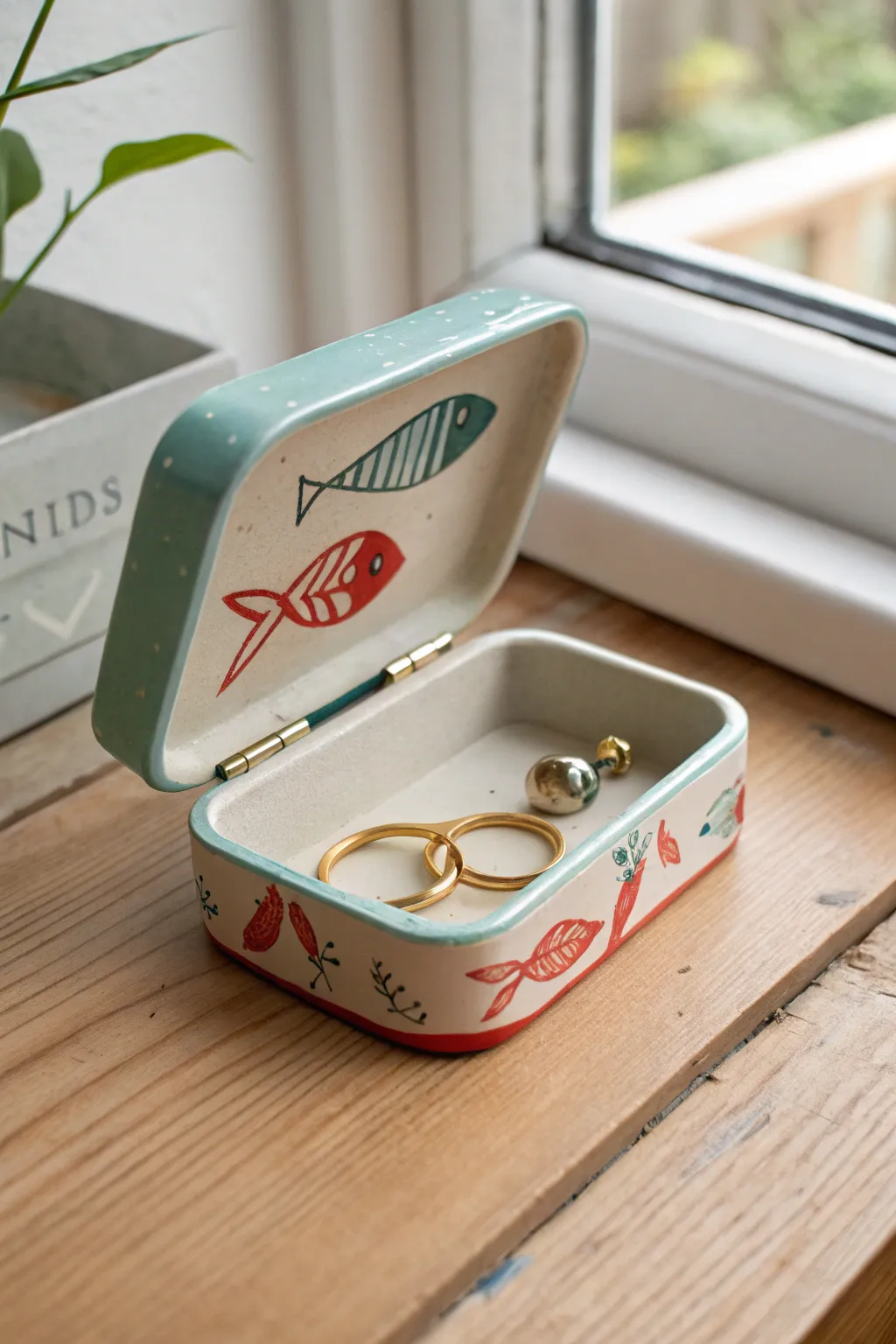 Playful sardine tin clay trinket box with tiny jewelry inside, minimal boho charm.
