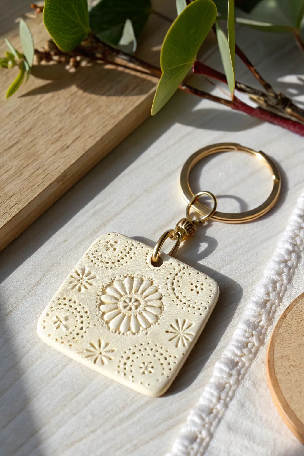 Pressed texture tile keychain in soft neutrals, a simple boho detail for your keys.
