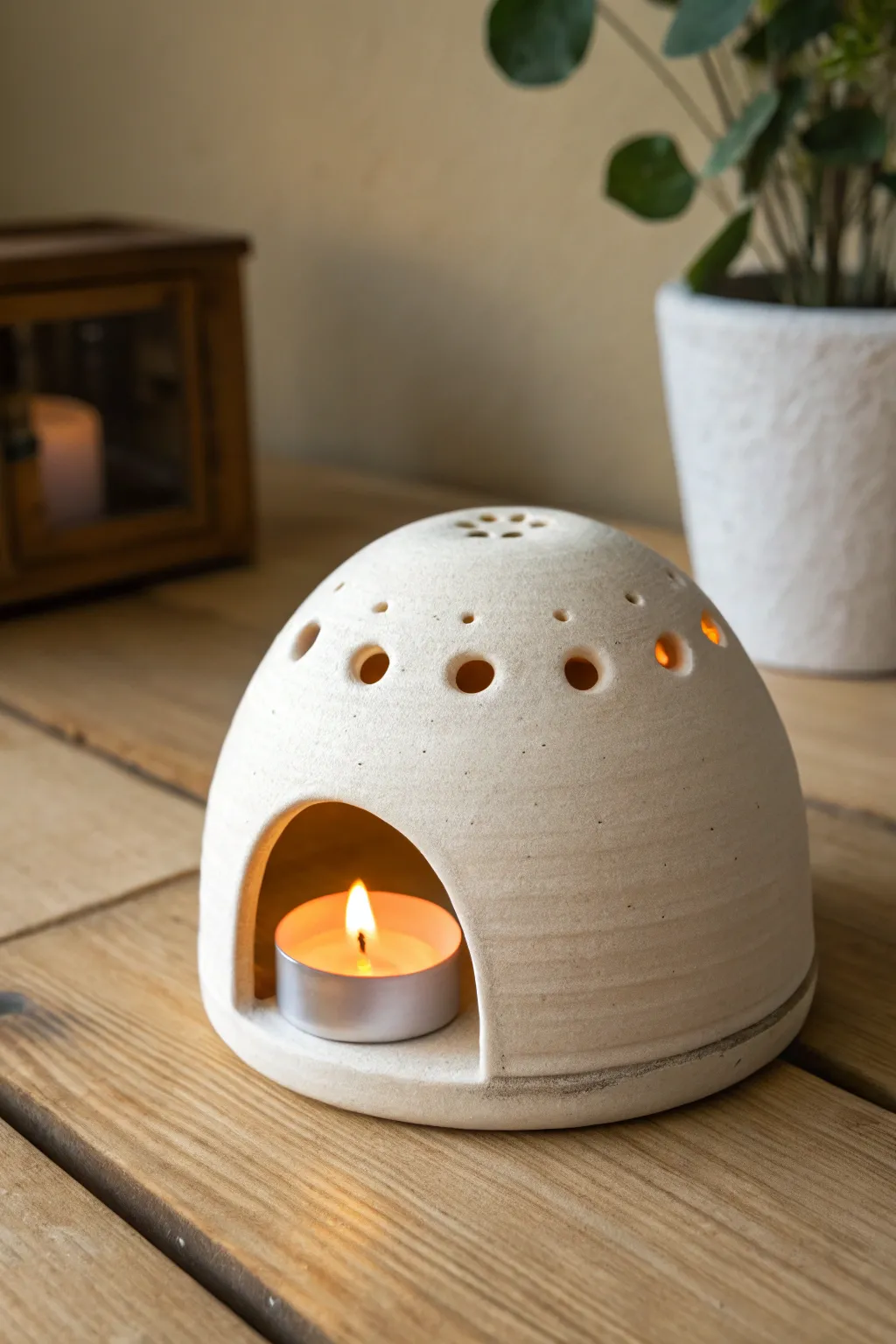 Minimal clay dome tealight lamp with vent holes, casting a warm glow and soft cozy shadows